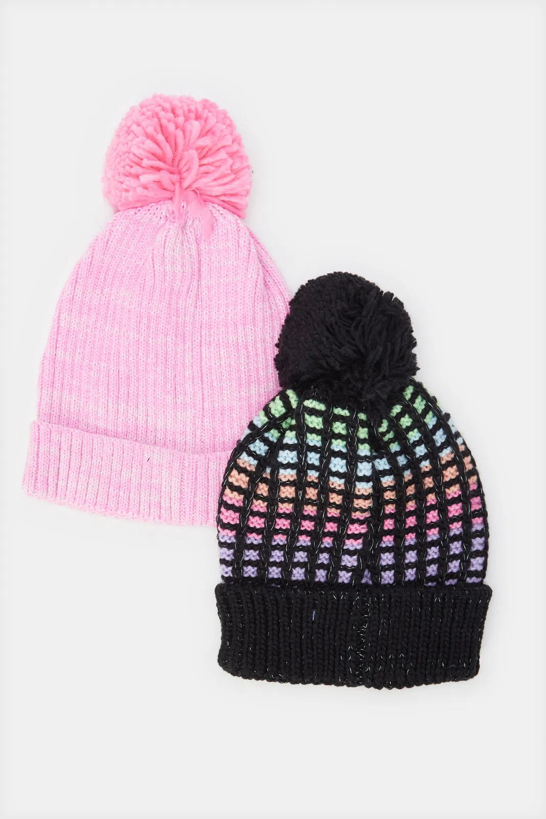 Girls Pink And Black Embellished Knitted Cap Set (2 Piece)
