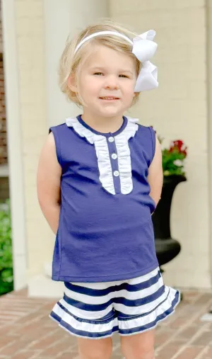 Girls Pique Ramona Shirt in Royal Navy & White