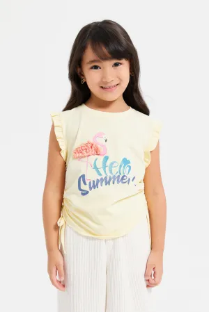 Girls Yellow Embroidered Flamingo T-Shirt