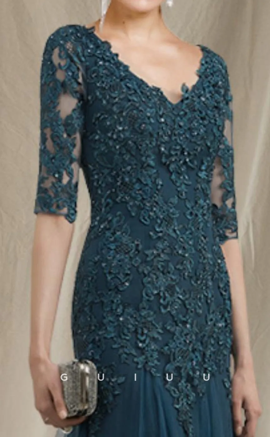 GM037 - Elegant A-Line V Neck Floor Length  Half Sleeves Appliques Tulle Mother of the Bride Dress Formal Wedding Guest Gown