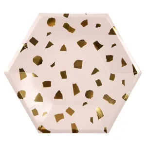Gold and Pink Large Paper Plates, Set of 8 Shiny Gold Foil Terrazzo Blush Party Plates, Dimensions: 9" x 9"