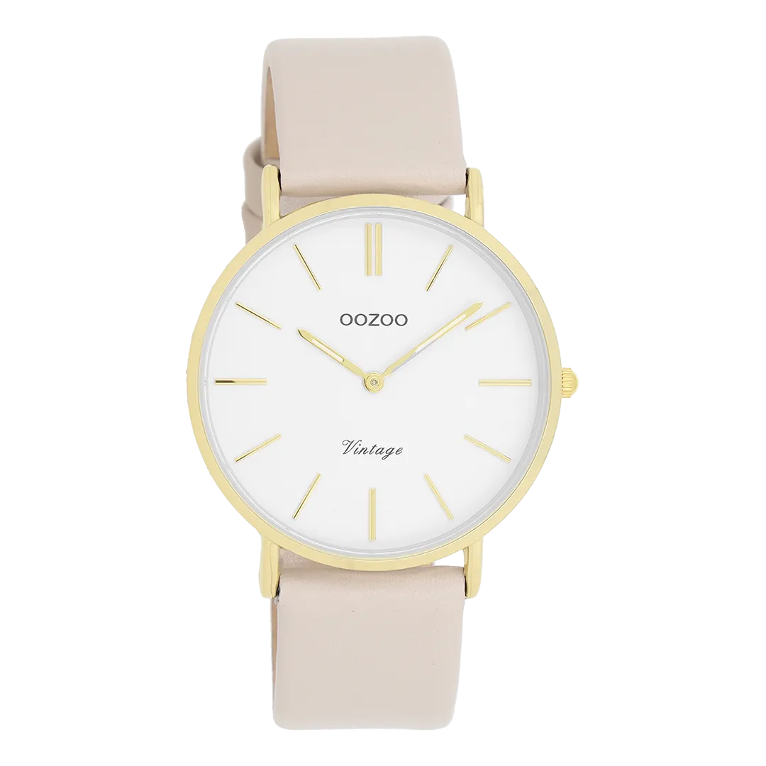 Gold coloured OOZOO watch with beige leather strap - C20392