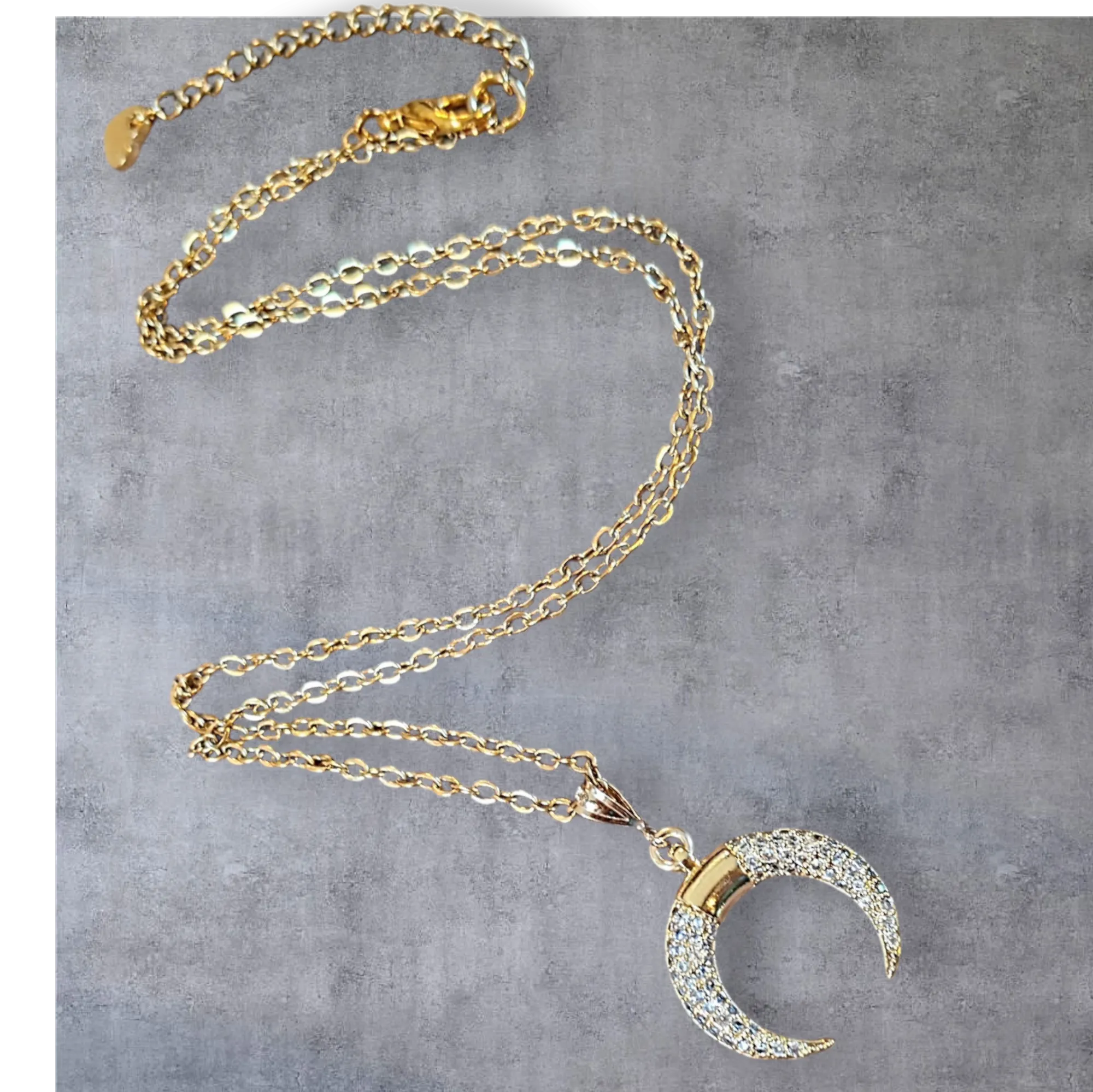 Gold Downward Crescent Moon Necklace, Crescent Horn Necklace