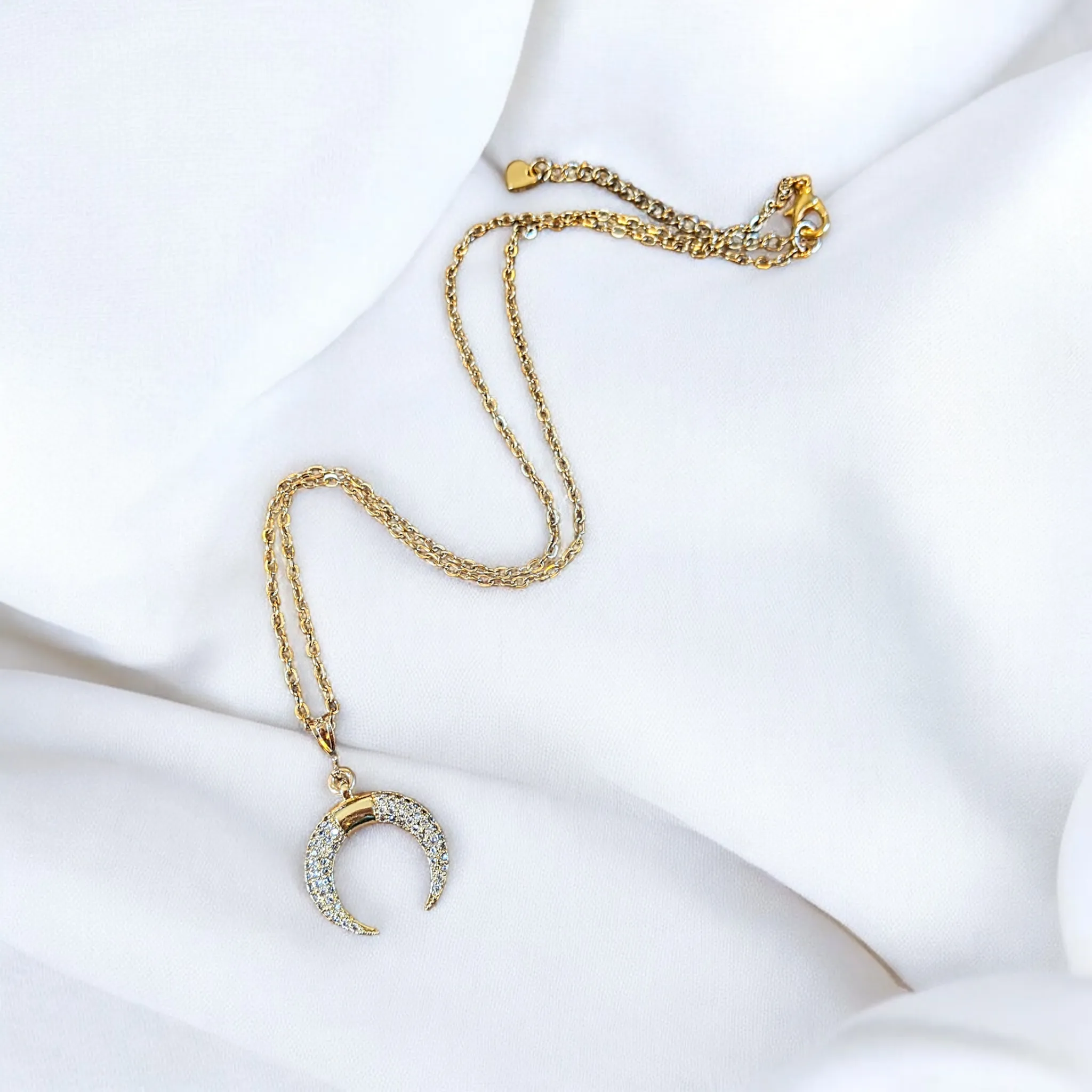 Gold Downward Crescent Moon Necklace, Crescent Horn Necklace
