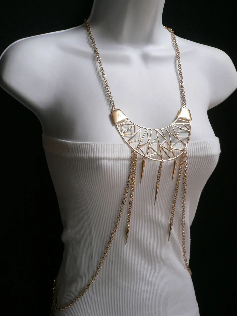 Gold Metal Body Chains Large Moon Geometric Shapes Pendant Long Necklace