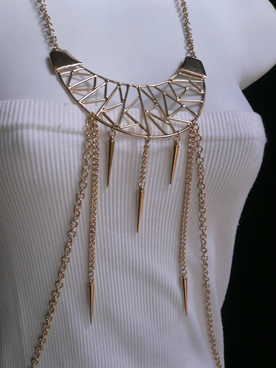 Gold Metal Body Chains Large Moon Geometric Shapes Pendant Long Necklace