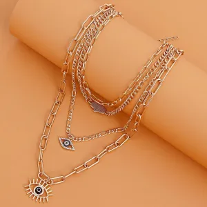 Gold Plated Evil Eyes Punk Style Layered Necklace For Women & Girls Alloy Layered
