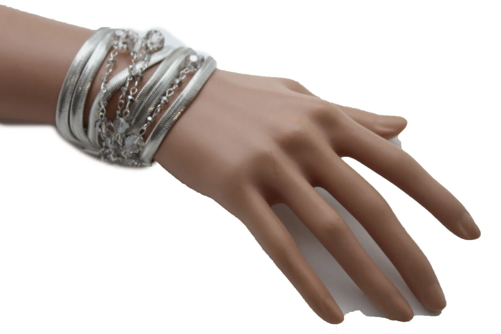 Gold Silver Metal Bracelet Mesh Chain 5 Strands Wide Wrist Beads
