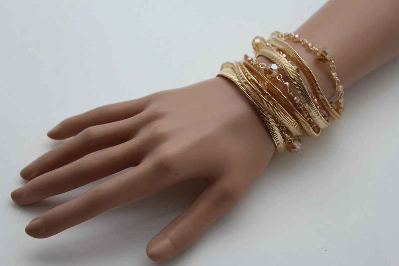 Gold Silver Metal Bracelet Mesh Chain 5 Strands Wide Wrist Beads