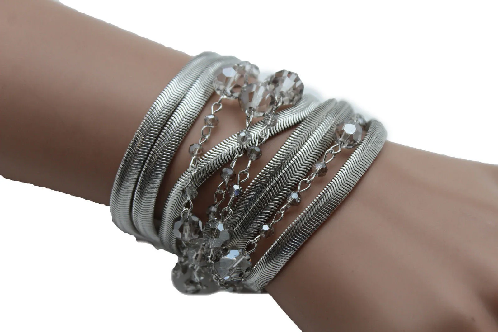 Gold Silver Metal Bracelet Mesh Chain 5 Strands Wide Wrist Beads