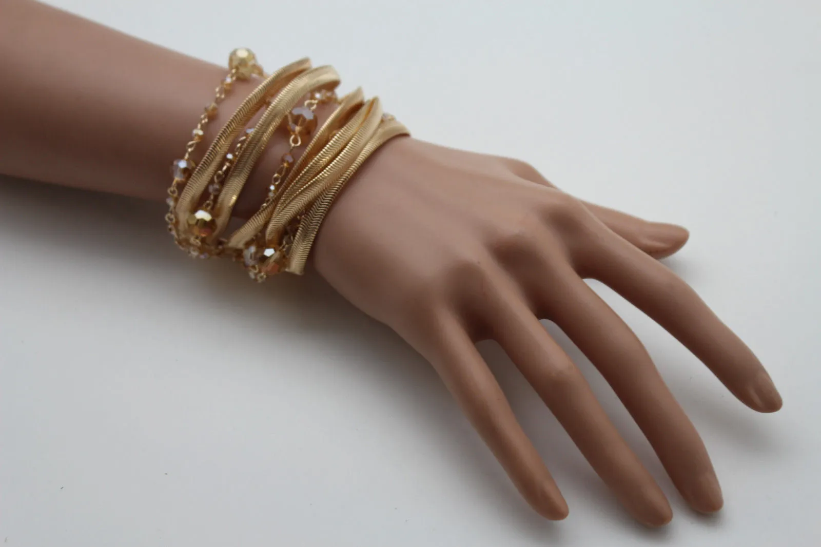 Gold Silver Metal Bracelet Mesh Chain 5 Strands Wide Wrist Beads