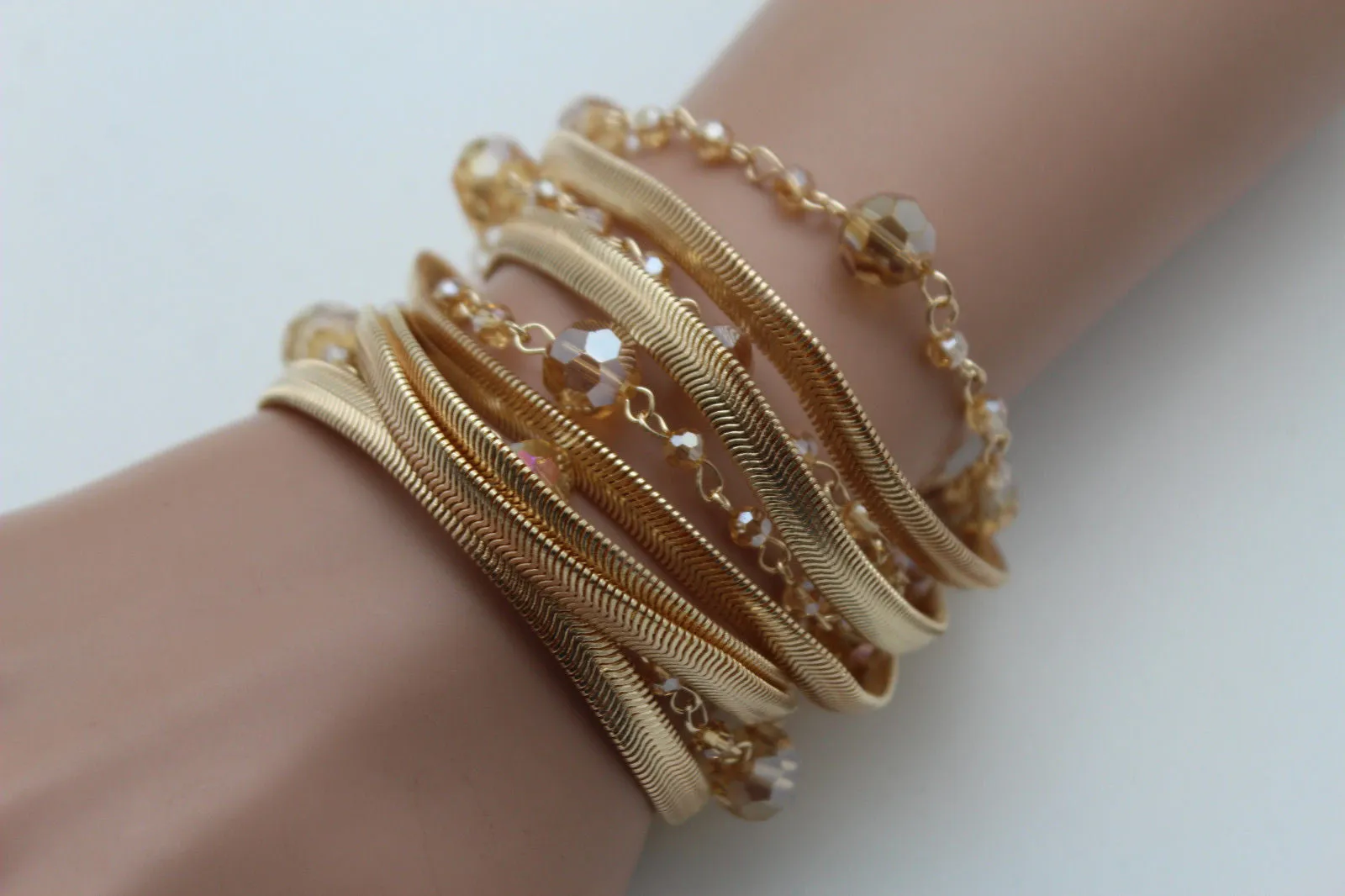 Gold Silver Metal Bracelet Mesh Chain 5 Strands Wide Wrist Beads