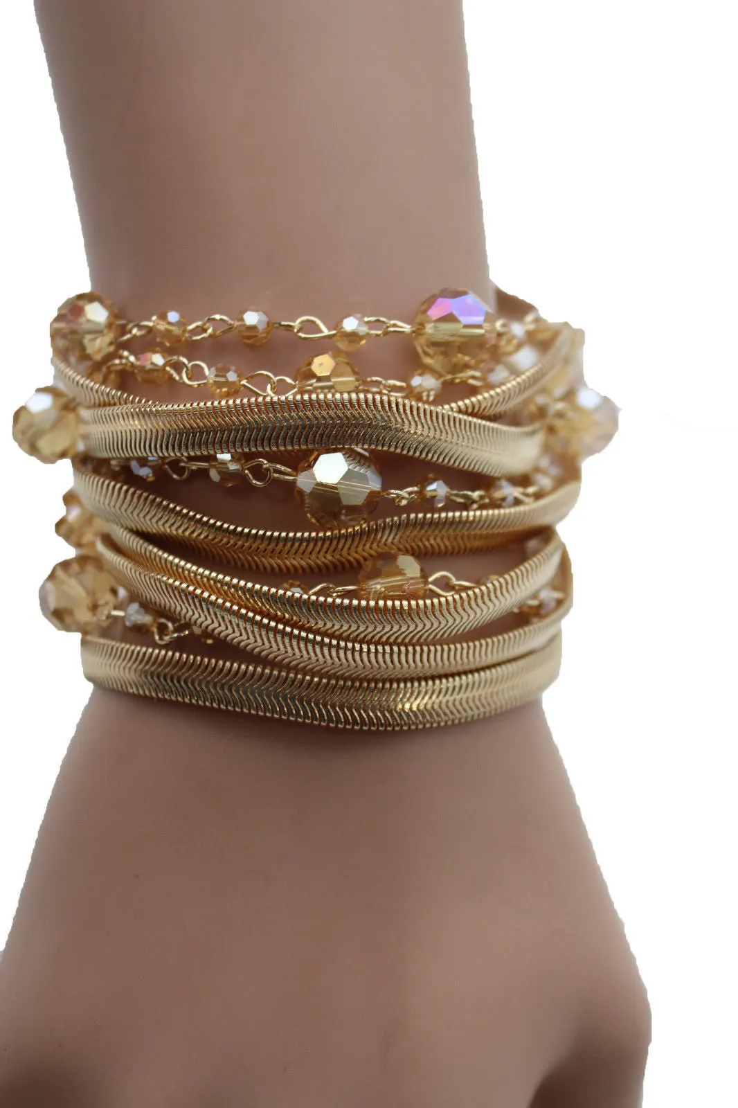 Gold Silver Metal Bracelet Mesh Chain 5 Strands Wide Wrist Beads