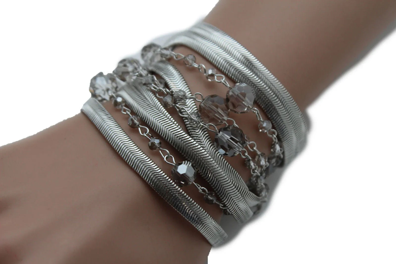 Gold Silver Metal Bracelet Mesh Chain 5 Strands Wide Wrist Beads