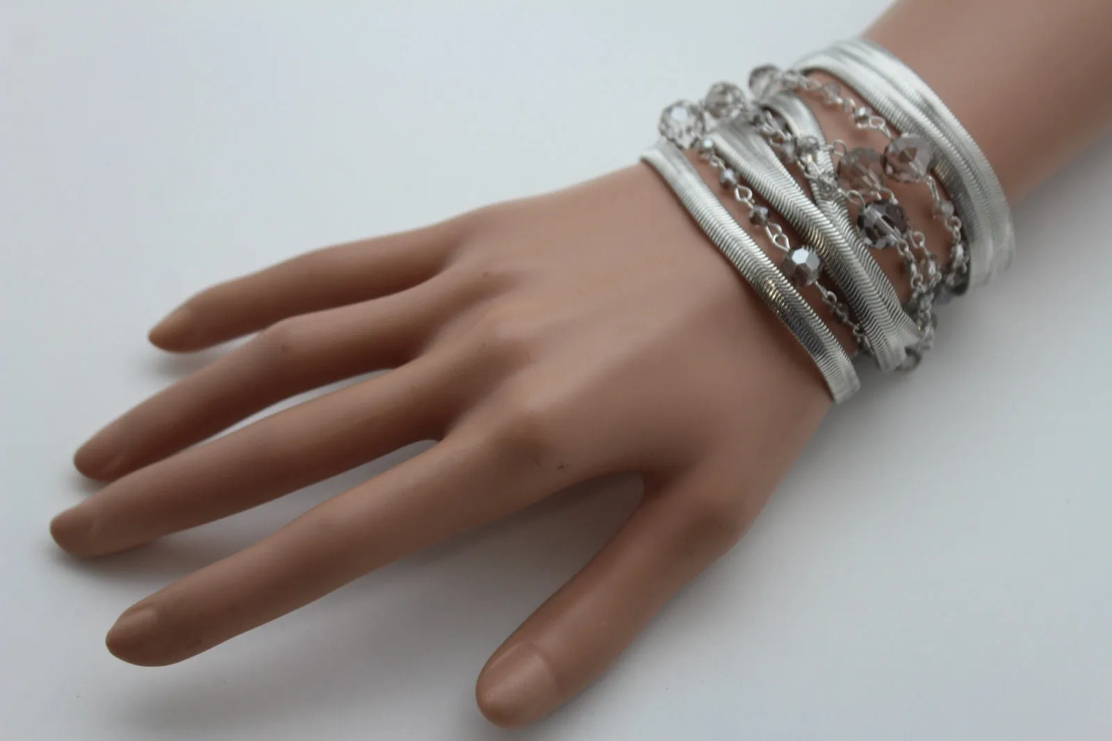 Gold Silver Metal Bracelet Mesh Chain 5 Strands Wide Wrist Beads