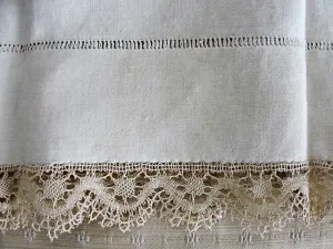 GORGEOUS Antique French Natural Linen Pillowcase With Bobbin Lace Trim Fine Vintage Linens