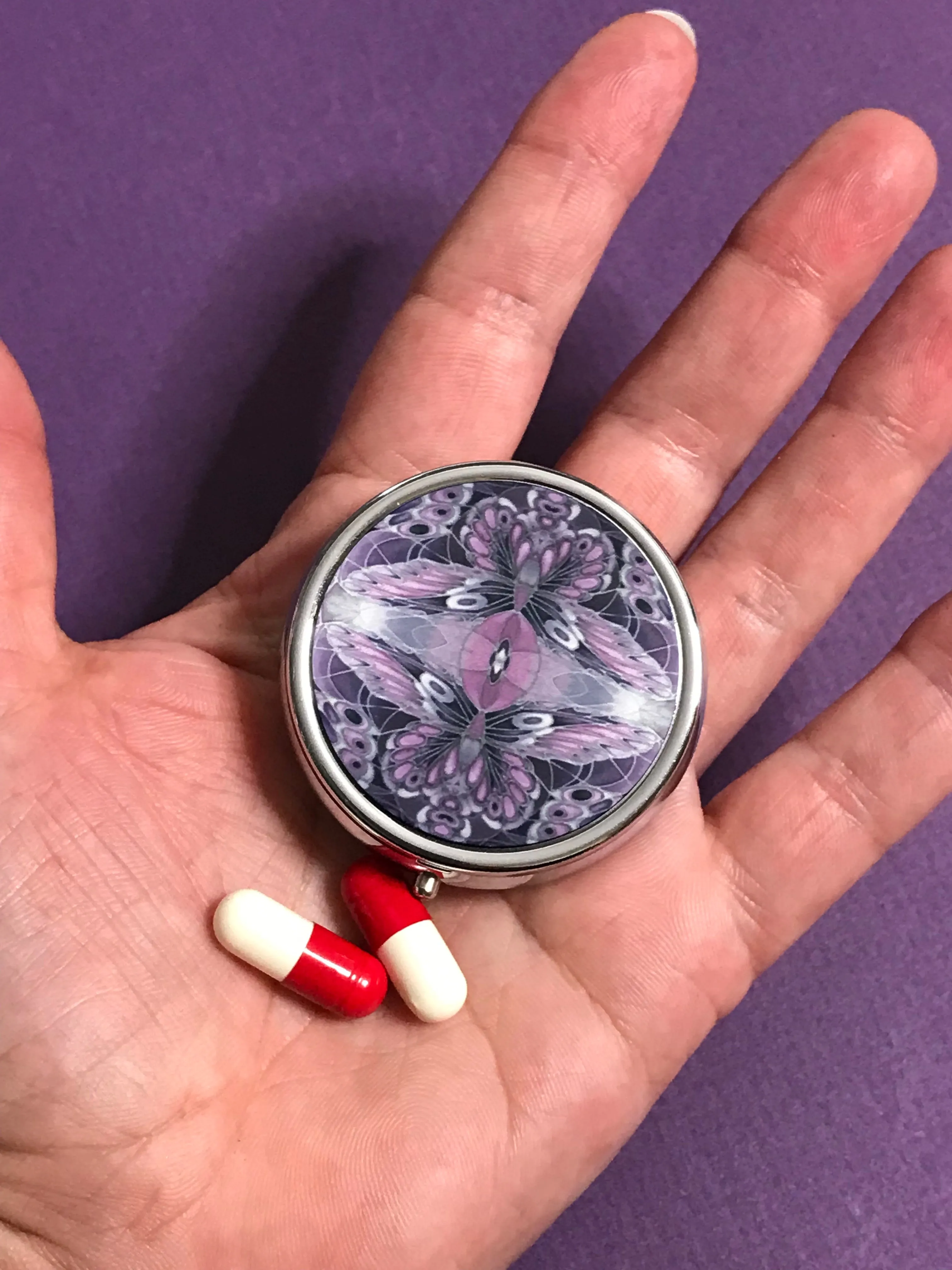 Goth Punk Purple Black Butterflies Pill Box - Round Medicine Box - Stud Earing Jewellery Box