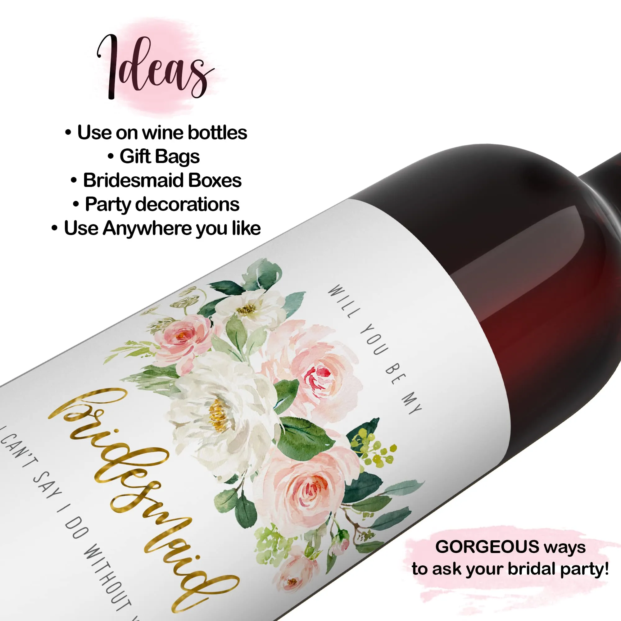 Graceful Floral Bridesmaid Wine Labels by Paper Clever - 12 Pack - Creative Wedding Party Invites