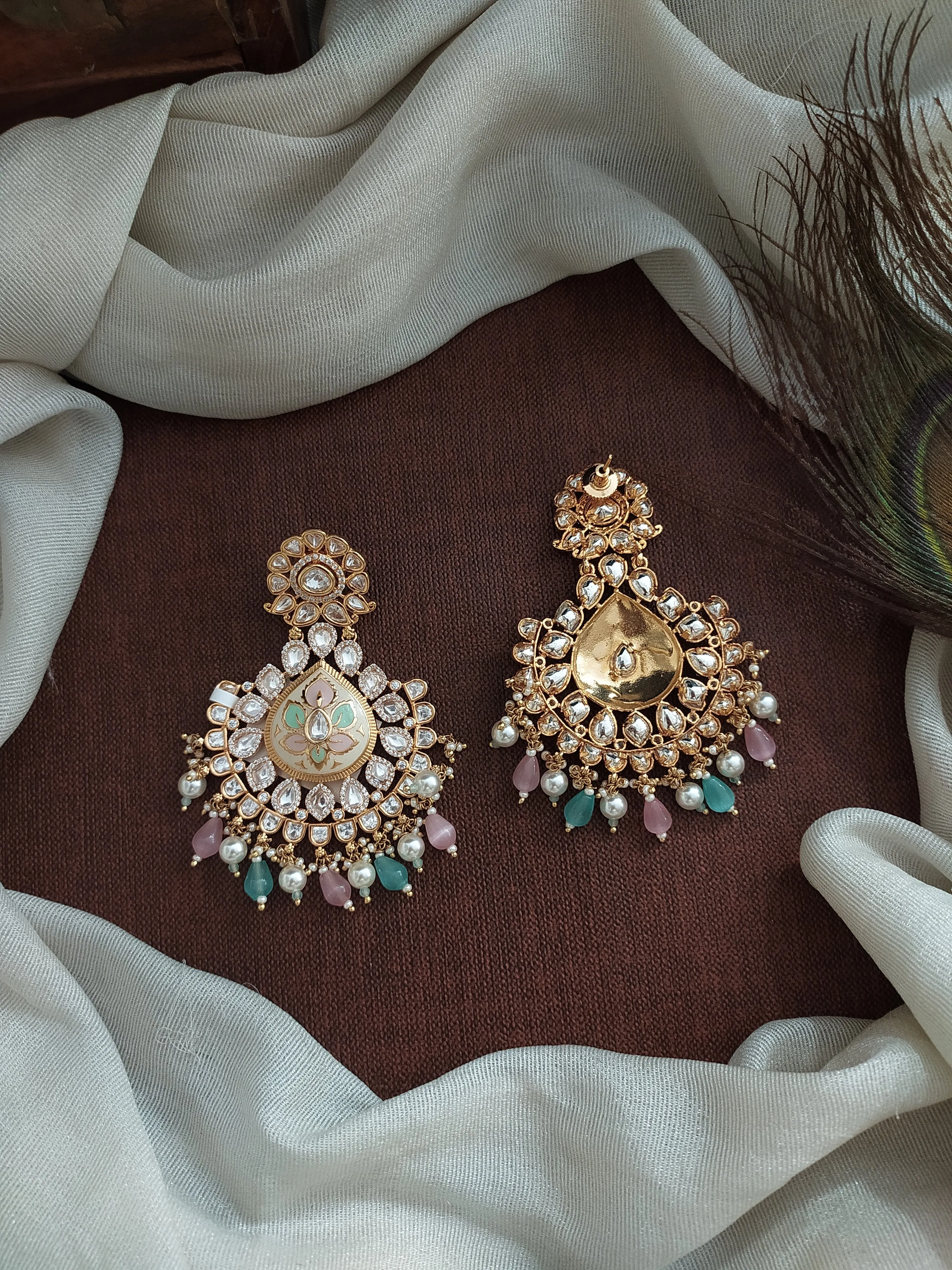 Grand Pastel Mint and Pink Kundan Dangling Earrings with Meenakari Work