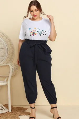 Graphic Tee and Belted Paperbag Joggers Set Plus Size