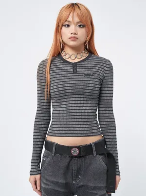 Graphite Half Button Striped Rib Top