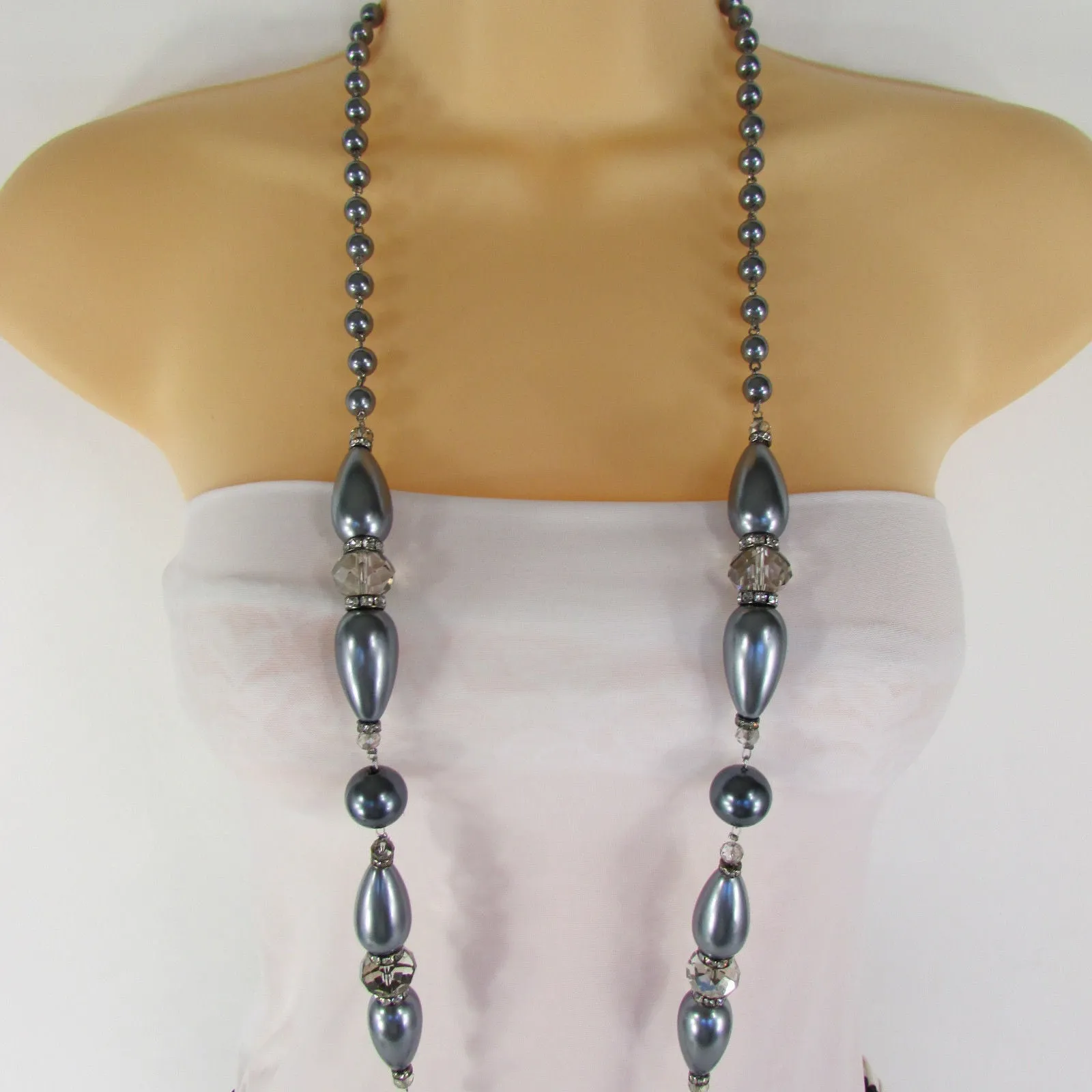 Gray Beads Beige Silver ColorSmall Imitations Pearls Long Necklace Earrings Set