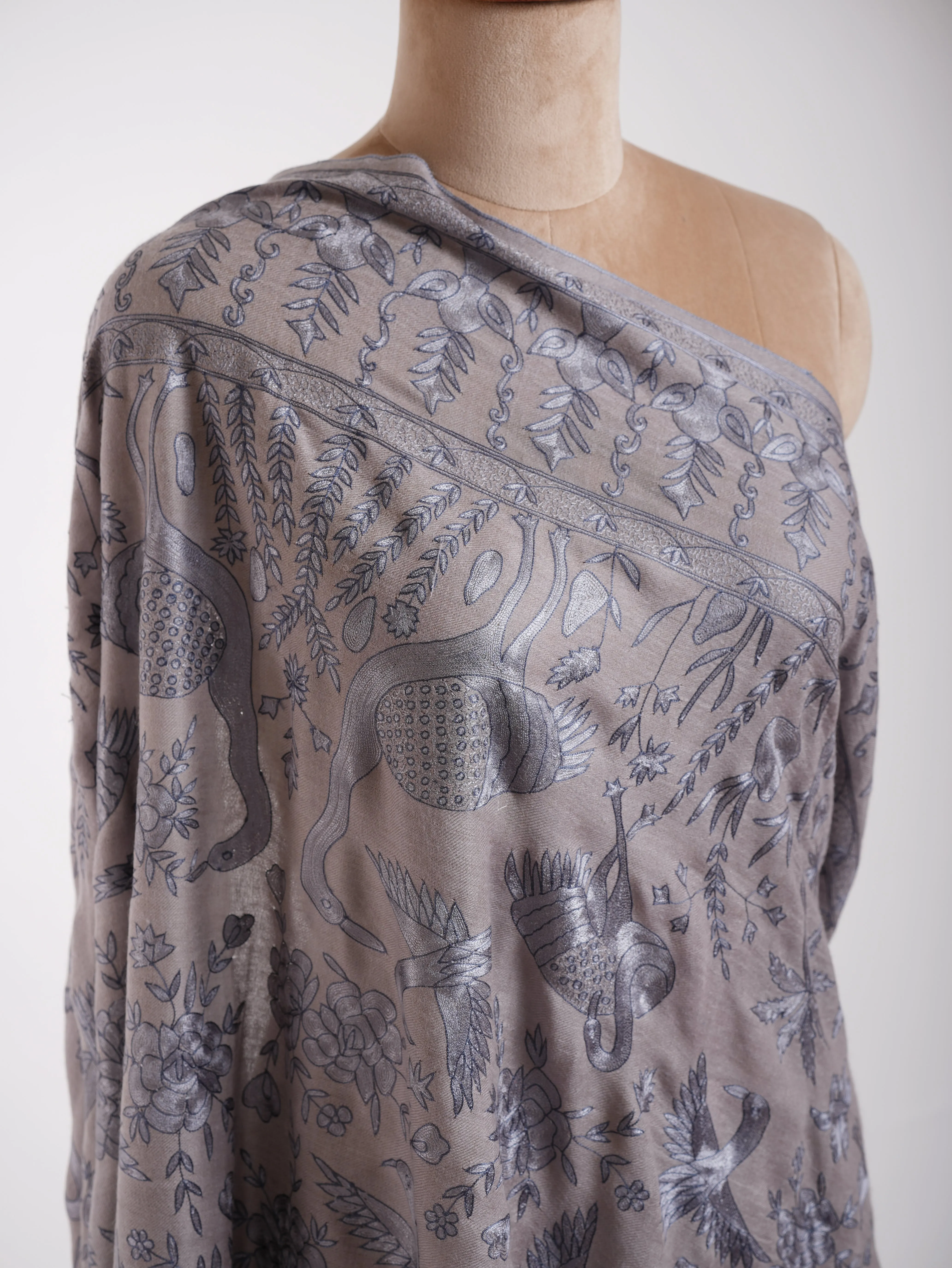 Gray Birds Hand Embroidered Pashmina Shawl