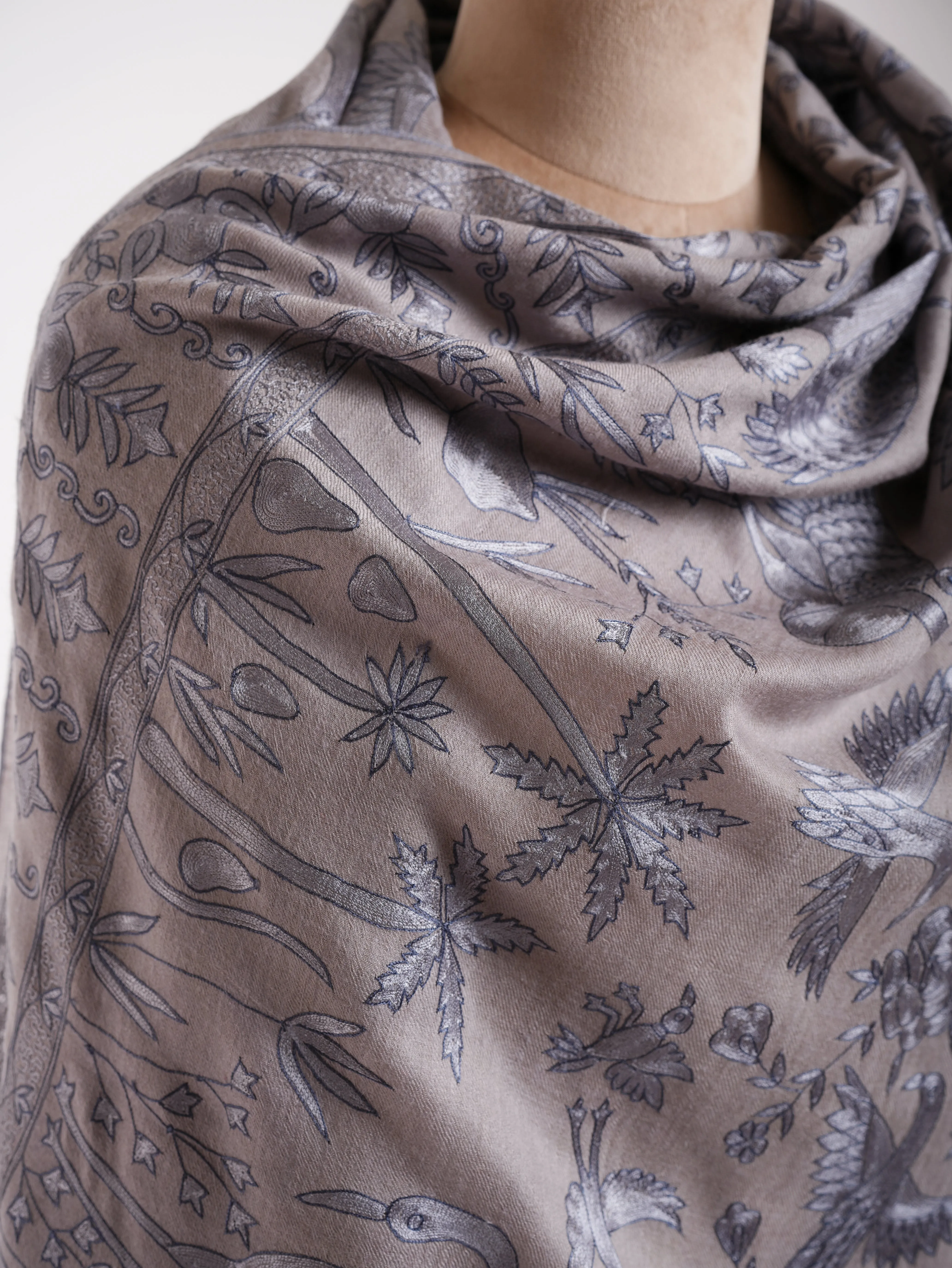 Gray Birds Hand Embroidered Pashmina Shawl