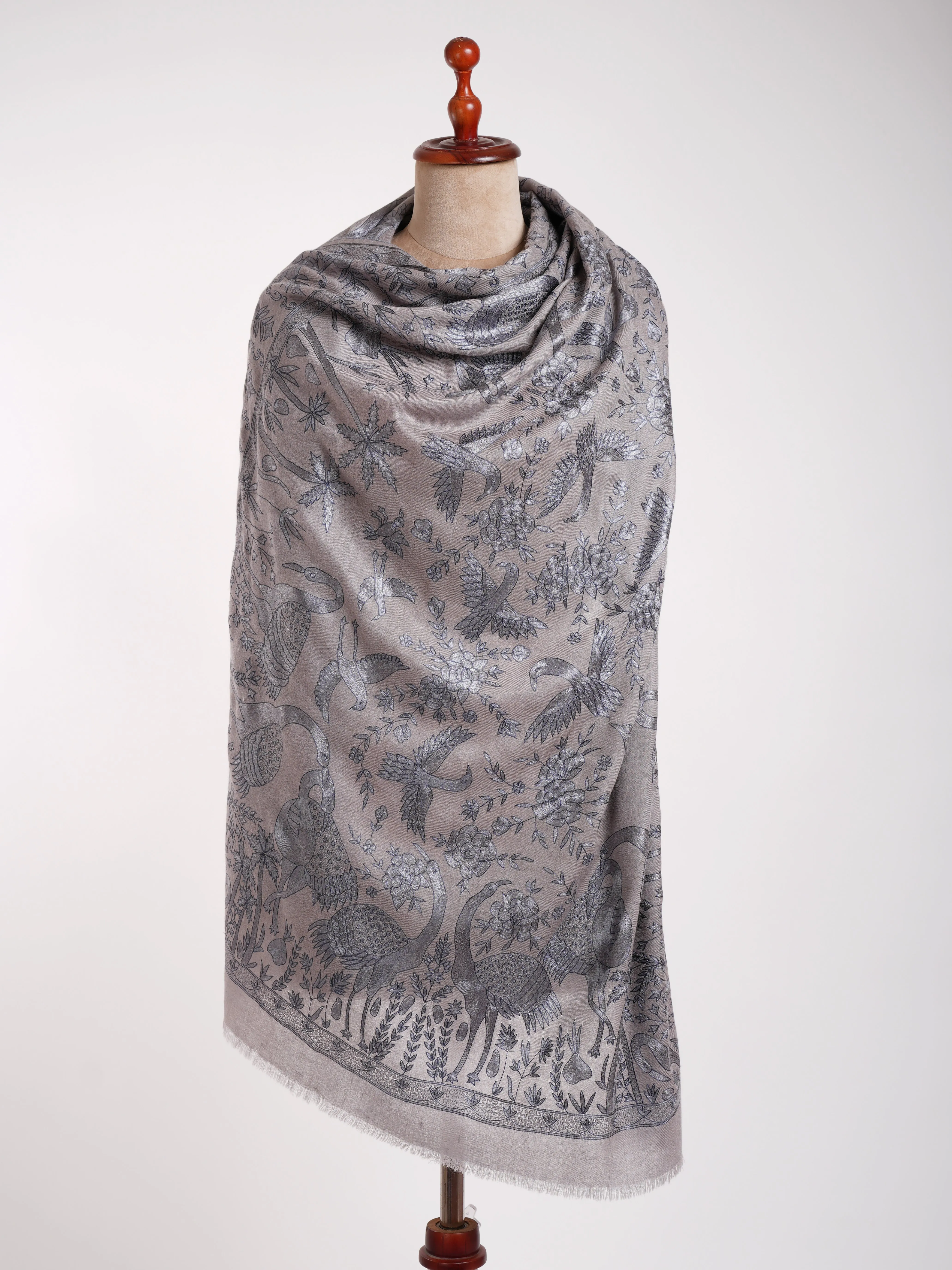 Gray Birds Hand Embroidered Pashmina Shawl