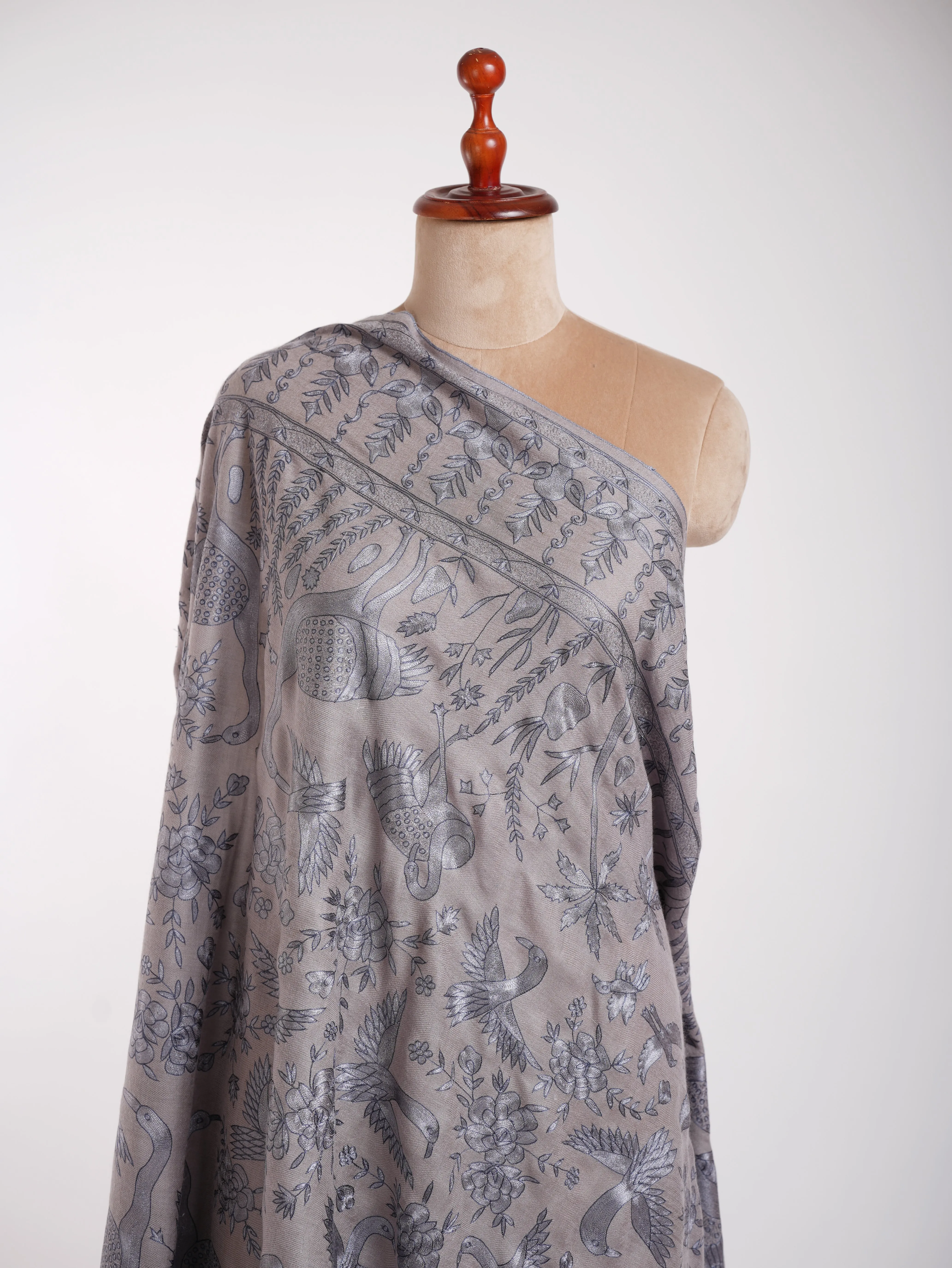 Gray Birds Hand Embroidered Pashmina Shawl