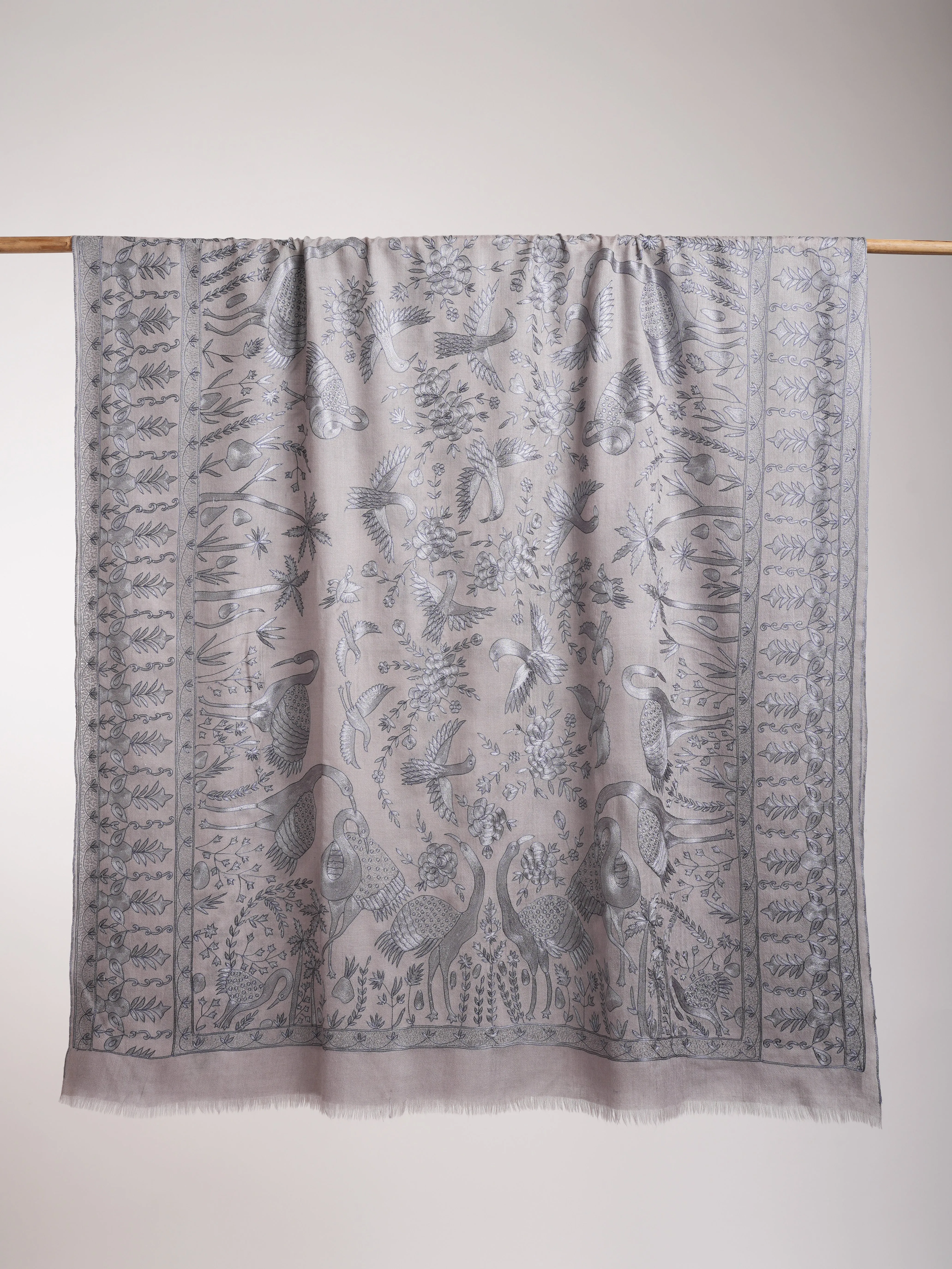 Gray Birds Hand Embroidered Pashmina Shawl