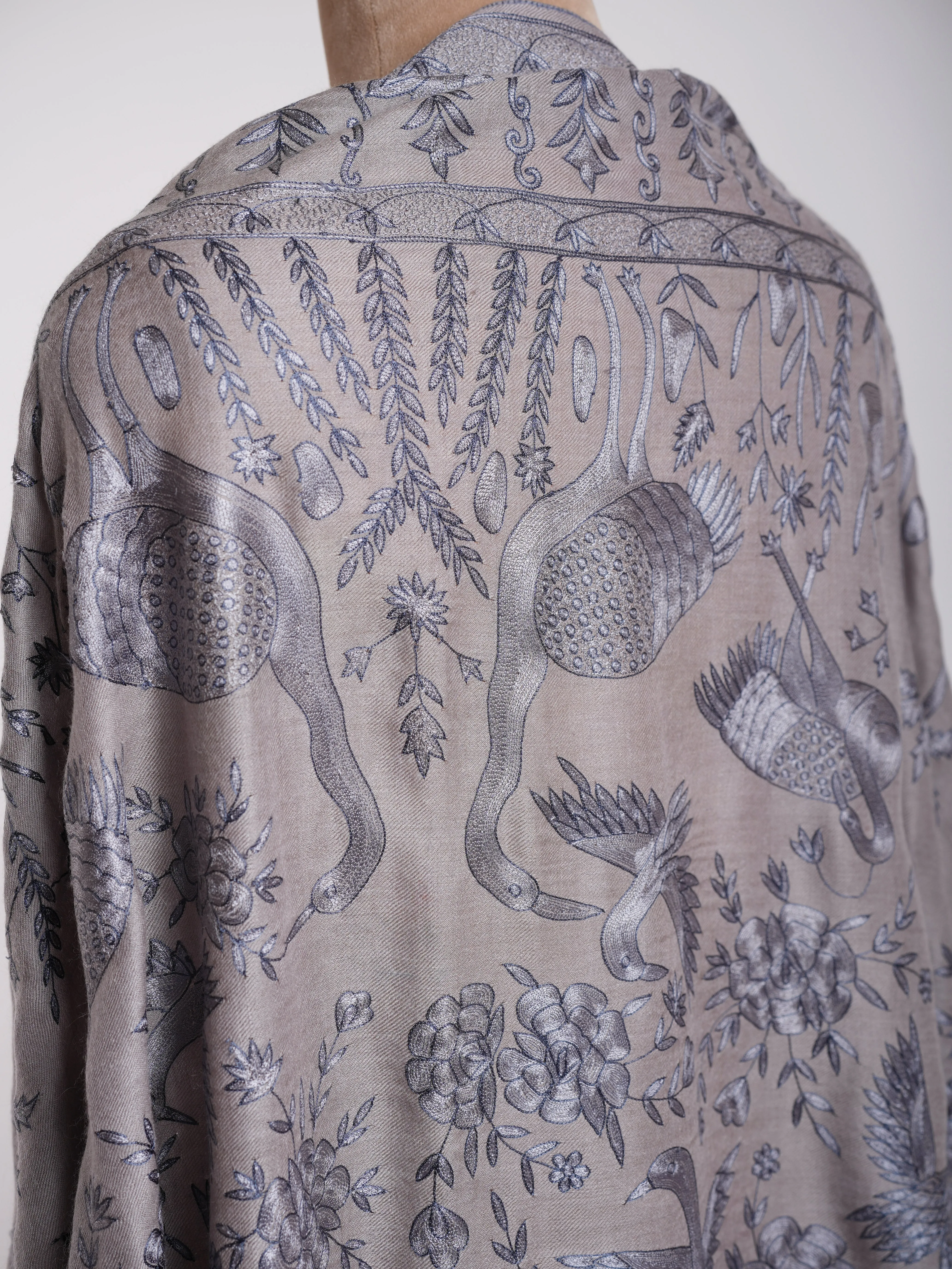 Gray Birds Hand Embroidered Pashmina Shawl