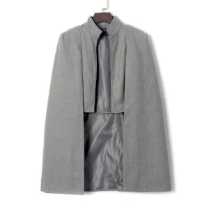 Gray High Neck Plain Woolen Cape