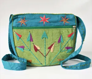 Green BOHO woman bag, Simple bag hand embroidered, Green clutch