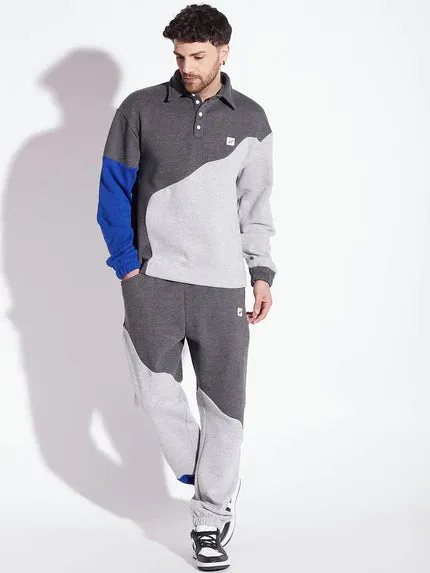 Grey Cut Sew Polo Collared Relaxed Tracksuits