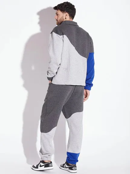 Grey Cut Sew Polo Collared Relaxed Tracksuits