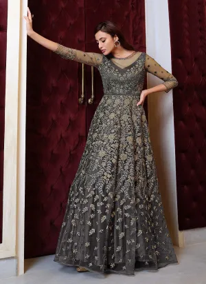 Grey Sequins Embroidered Floor Length Anarkali Suit