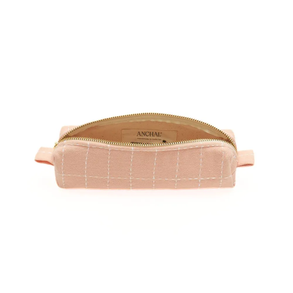 Grid-Stitch Toiletry Pouch Pencil Case - Pink
