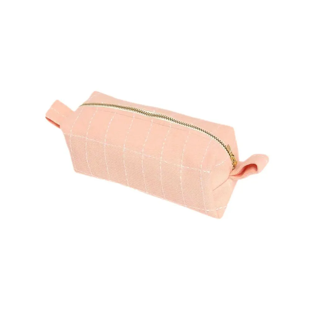 Grid-Stitch Toiletry Pouch Pencil Case - Pink