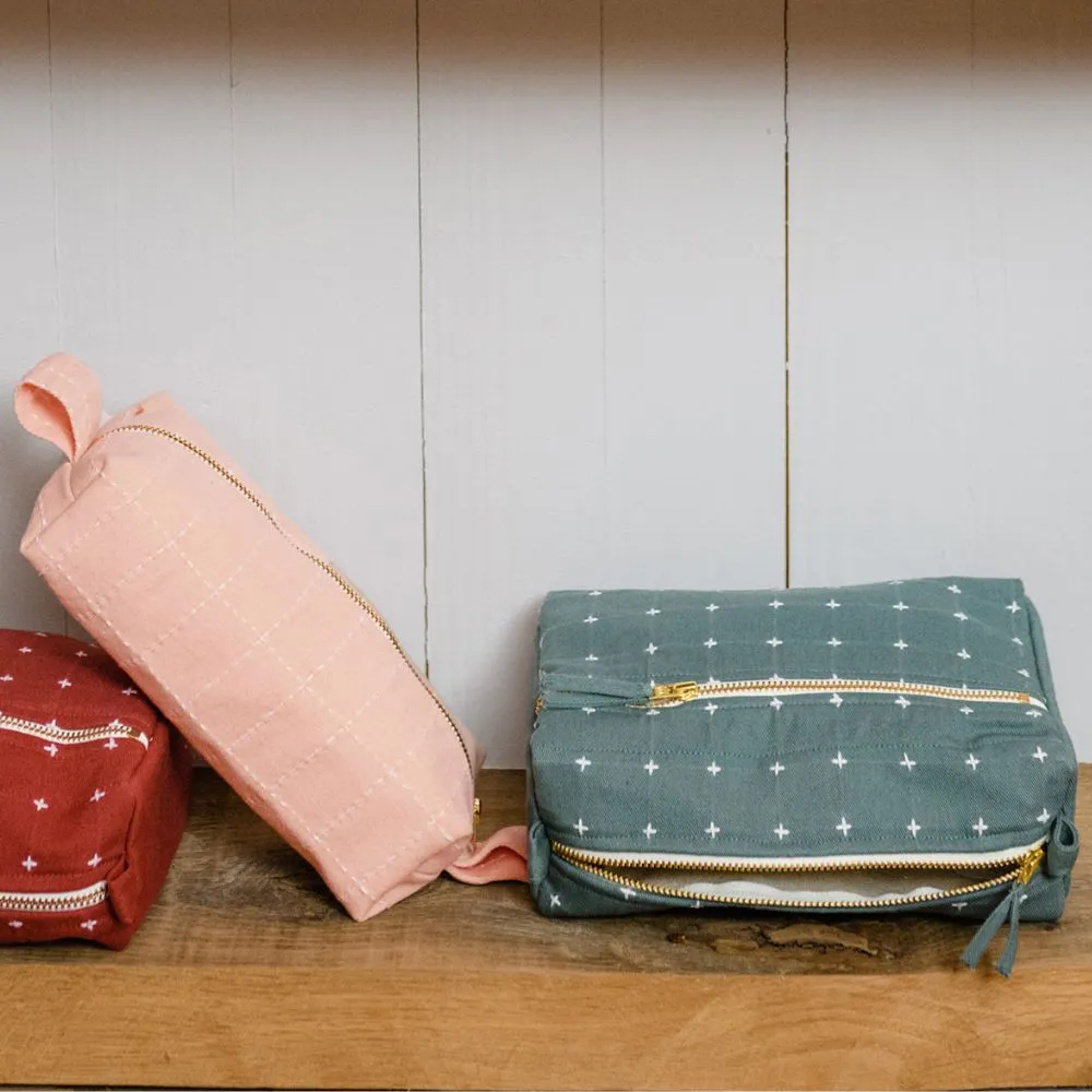 Grid-Stitch Toiletry Pouch Pencil Case - Pink
