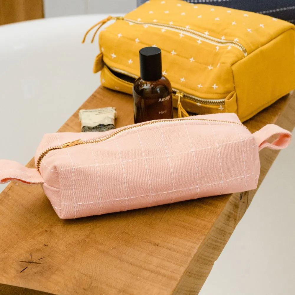 Grid-Stitch Toiletry Pouch Pencil Case - Pink