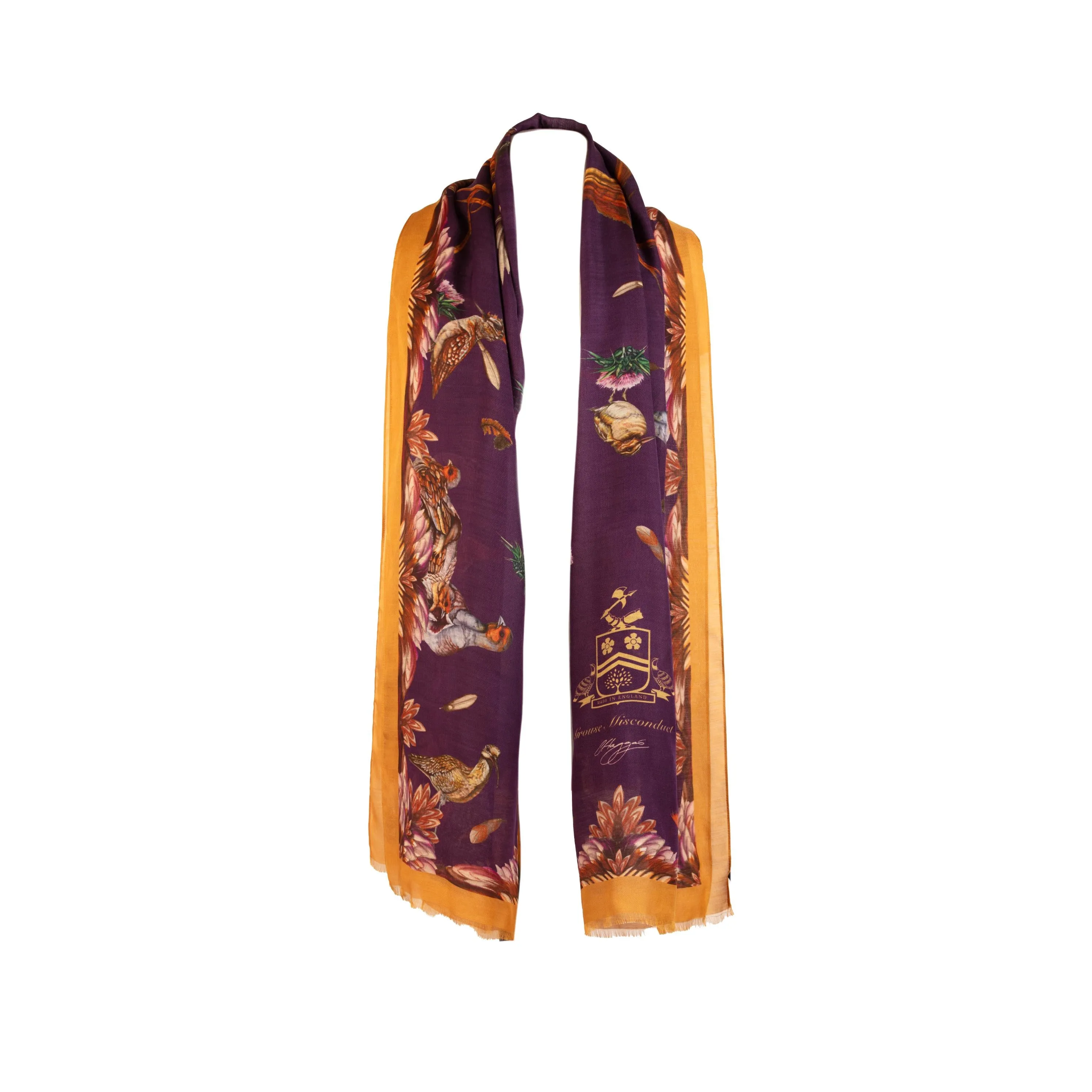 Grouse Misconduct Aubergine Purple and Gold Wool Silk Wrap