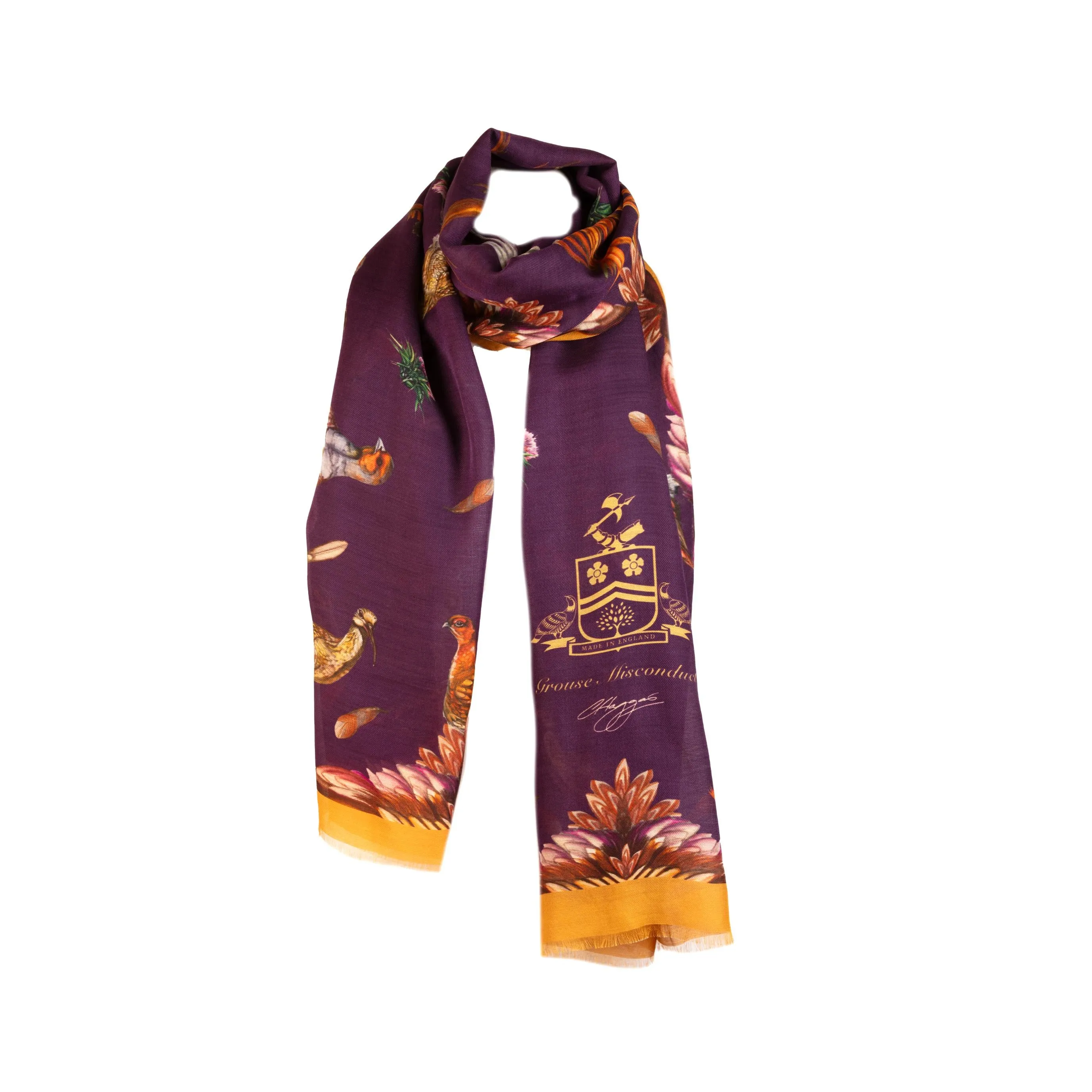 Grouse Misconduct Aubergine Purple and Gold Wool Silk Wrap
