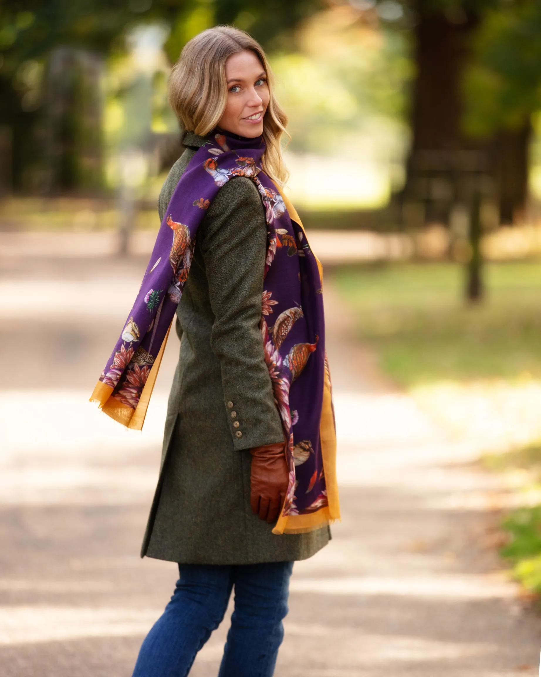 Grouse Misconduct Aubergine Purple and Gold Wool Silk Wrap