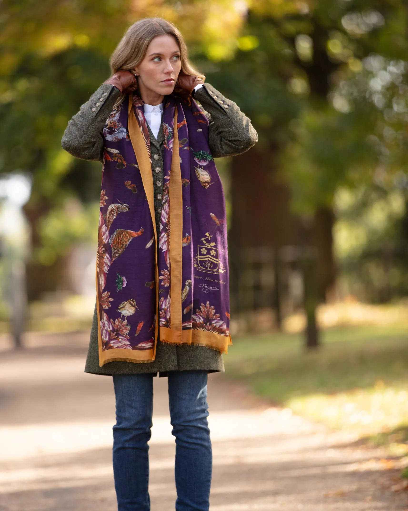 Grouse Misconduct Aubergine Purple and Gold Wool Silk Wrap