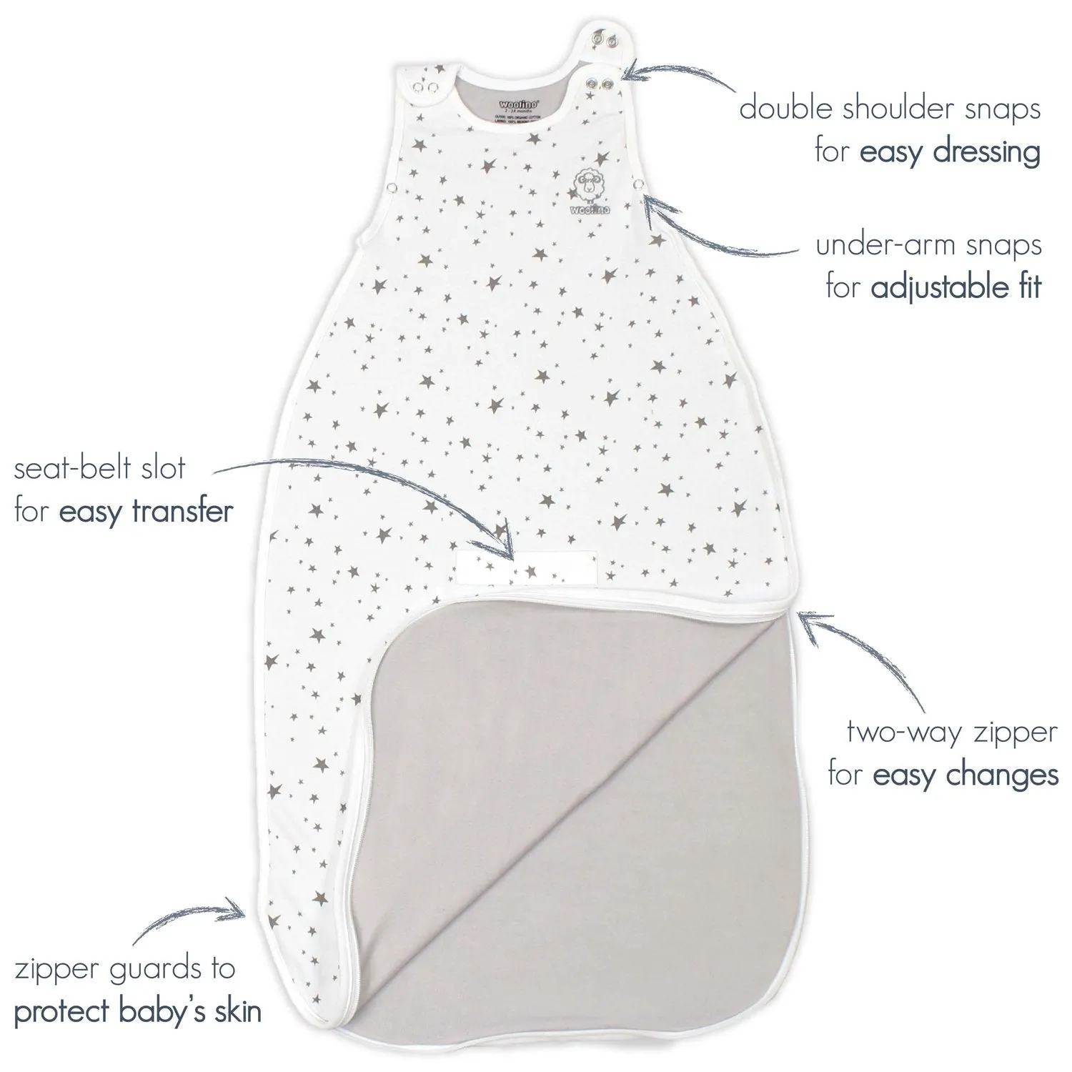 >Woolino Merino Wool 4 Season Sleep Bag ULTIMATE - Gray Stars