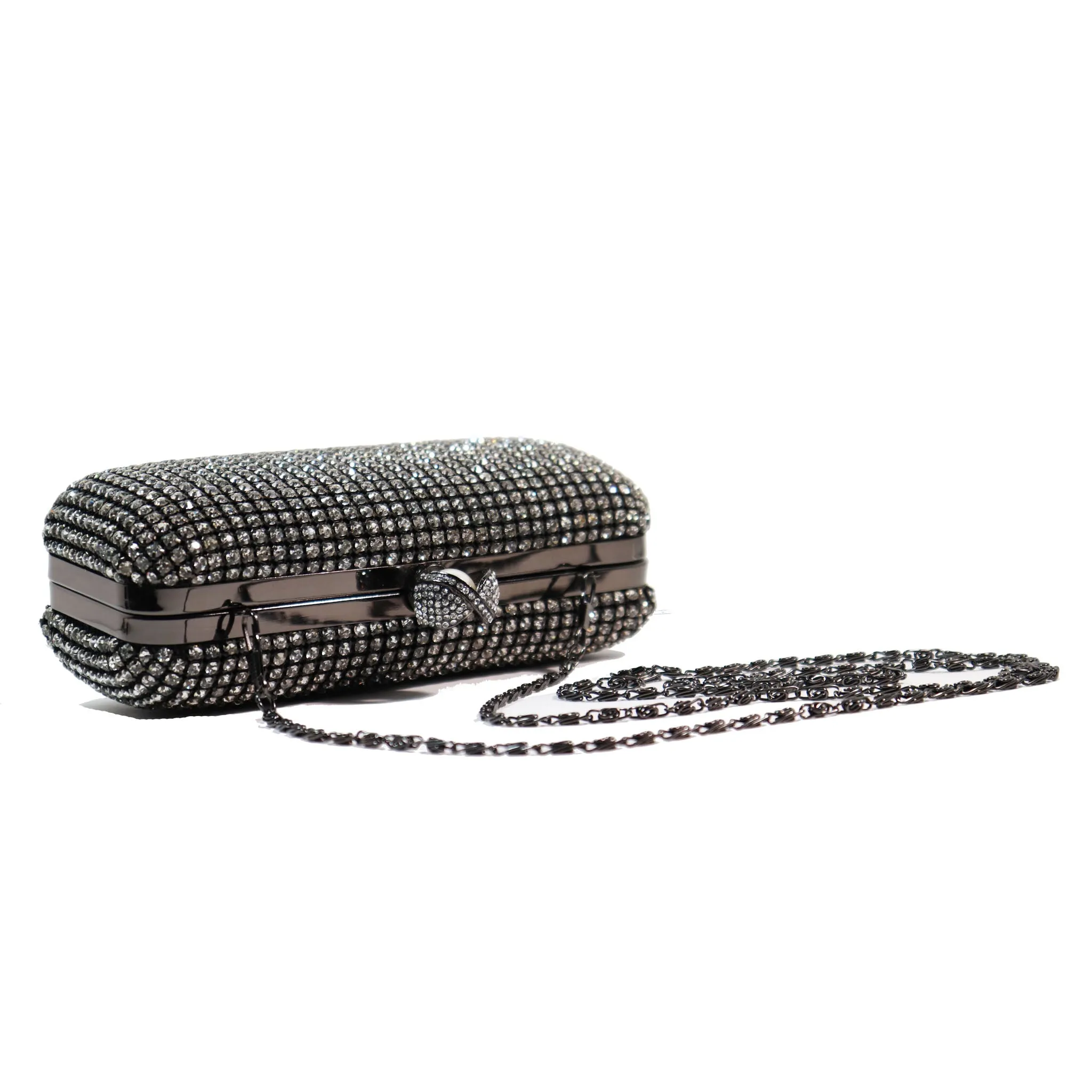 Gunmetal and Rhinestone Clutch with Pearl Clasp