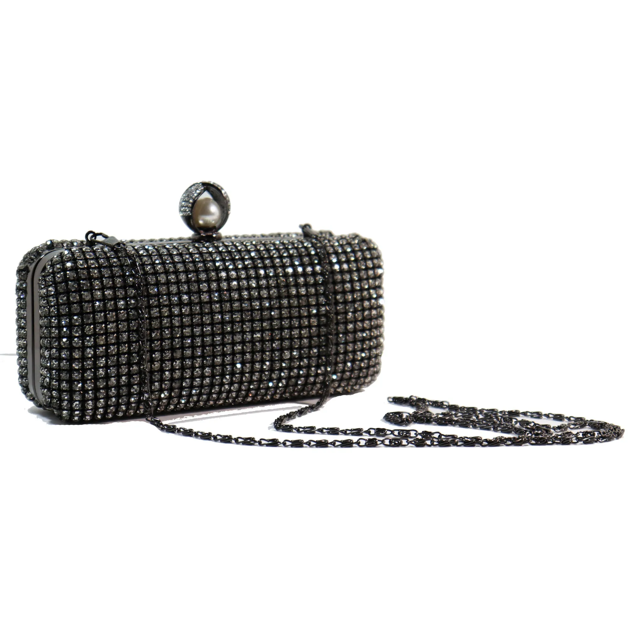 Gunmetal and Rhinestone Clutch with Pearl Clasp