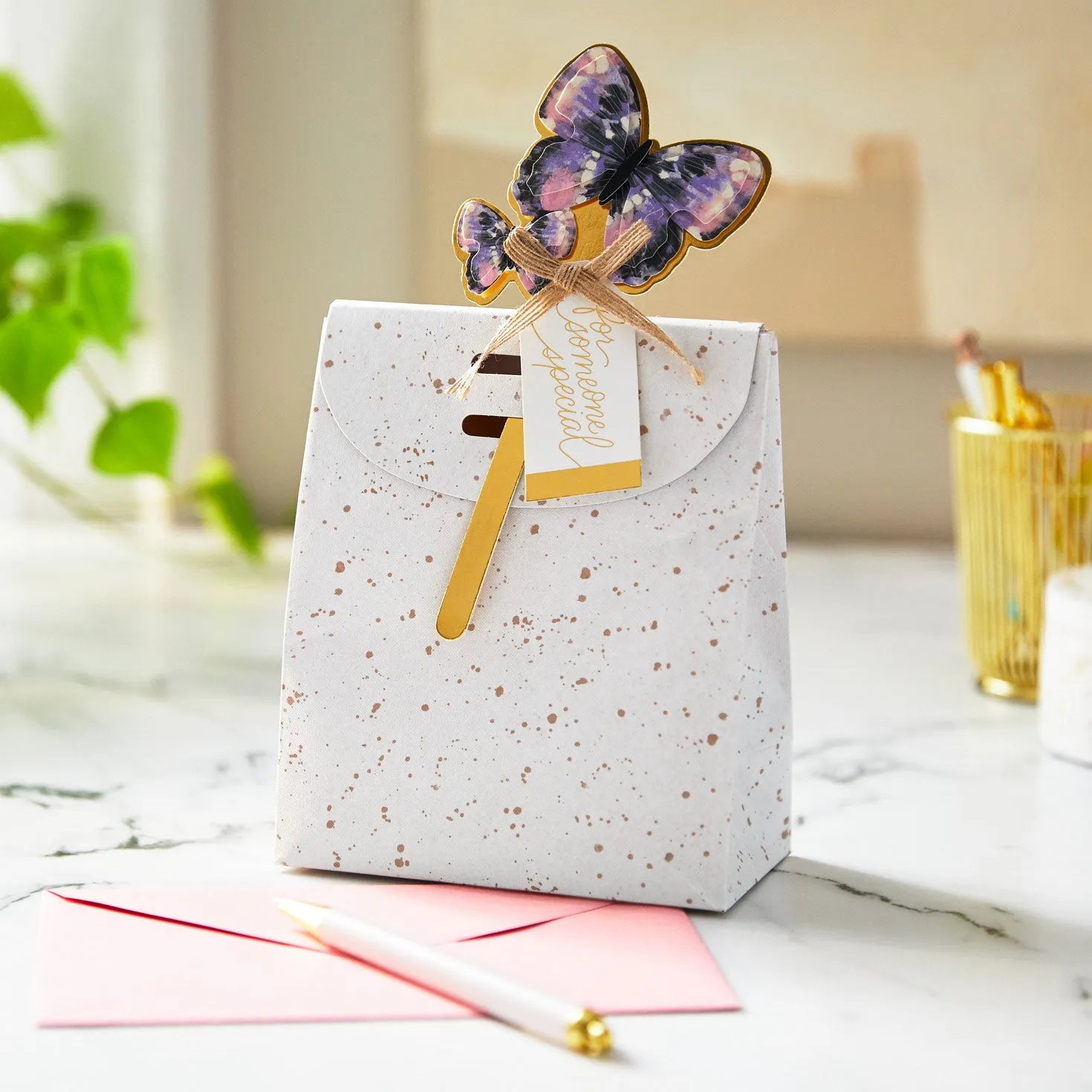 Hallmark 6.5'' Speckled Small Fold-Top Gift Bag With Butterfly Pick