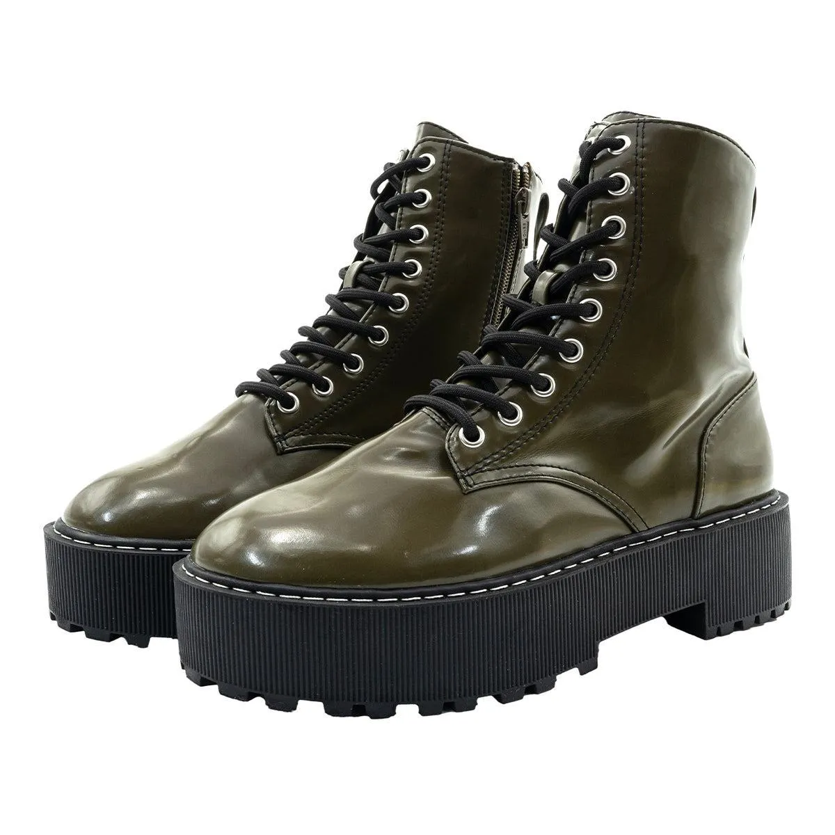 H&M Laceup Platform Ankle Boots Leather Green Colour For Women